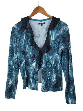 Anne Klein Silk Cardigan Peacock Feather Size Medium Ruffle Trim Blue Womens
